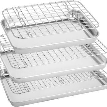 Baking Sheet with Rack Set (3 Pans + 3 Racks), Smooth Stainless Steel Cookie Sheet with Line Cooling Rack, Nonstick toaster Oven Tray and Rack Set